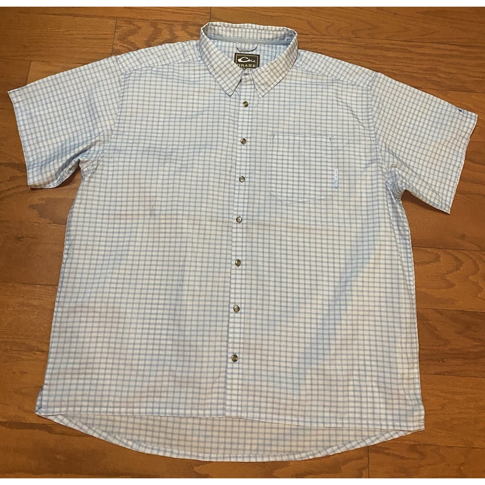 Drake Shirt Mens 3XL Blue Plaid Outdoor Pockets Hunting Waterfowl Short Sleeve